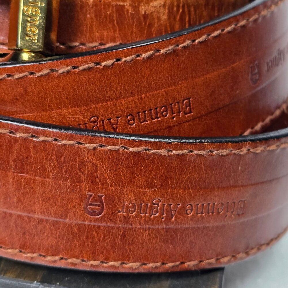 Vtg 90s Etienne Aigner Branded Cognac Brown Leather Belt with Gold Buckle, XL - Picture 5 of 9